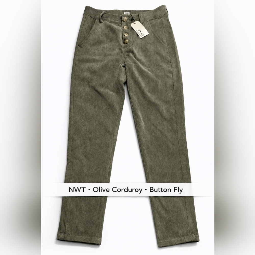 UNIQ Olive Corduroy Pants Button Fly High Rise Straight Leg Small - New With Tag